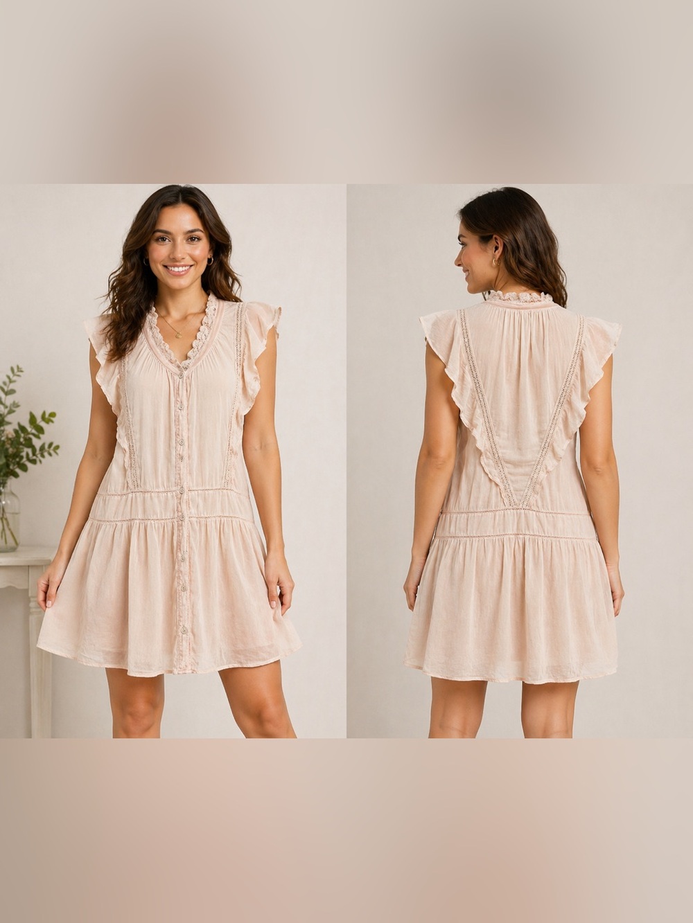 Aritzia Wilfred Dress Drop Waist Ruffle Sleeve Pale Peach Boho Cottagecore S